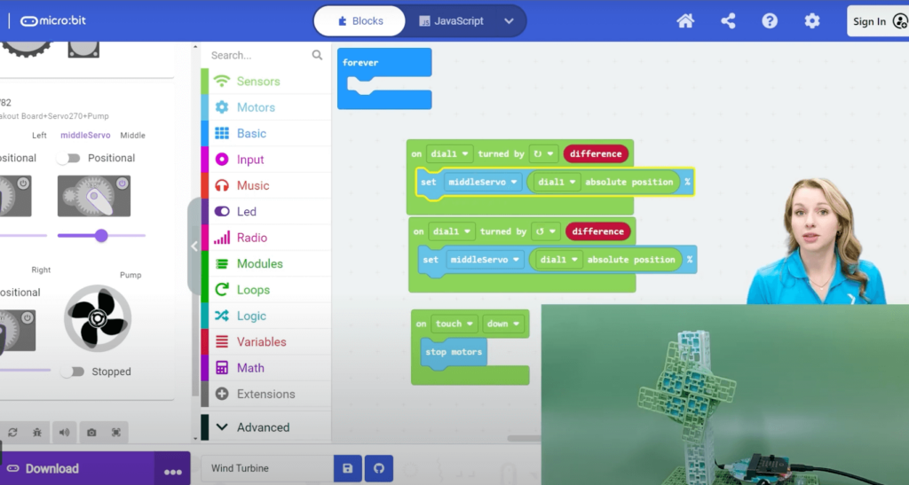 Still shot from Getting Started with the Climate Action Kit course showing the Makecode screen